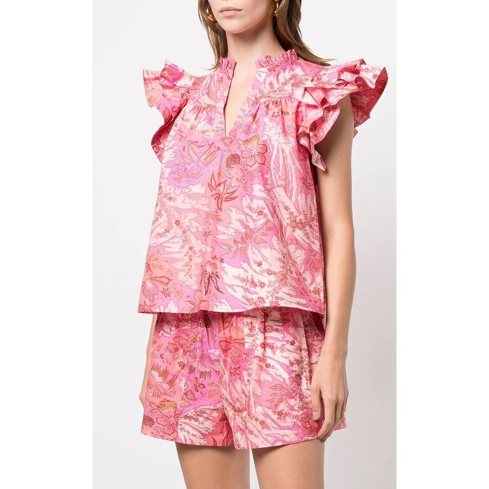 Ulla Johnson Pink Floral Paisley Ruffle Sleeve Cotton Blouse Top Pre-Fall 2022 0 - Picture 1 of 10